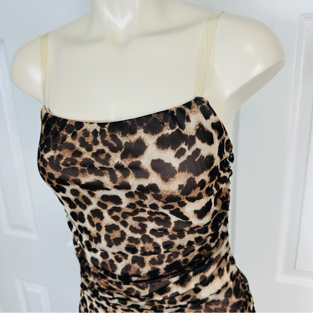 DAY & NIGHT leopard print mini dress clear shoulder straps fabric black tan S - Picture 2 of 9